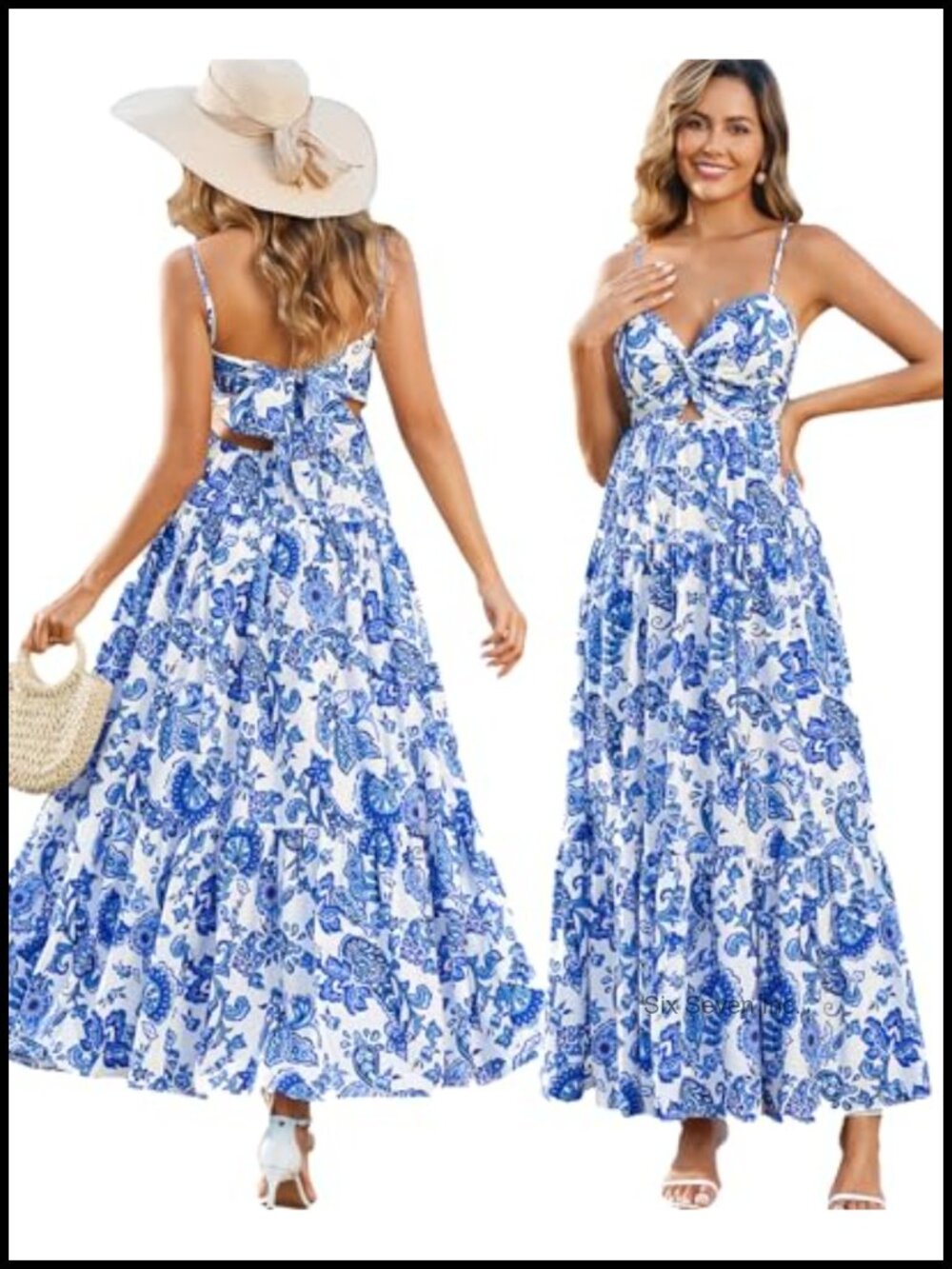 Spaghetti Strap V-Neck Floral Maxi Dress Bow Tie Tiered Sundress